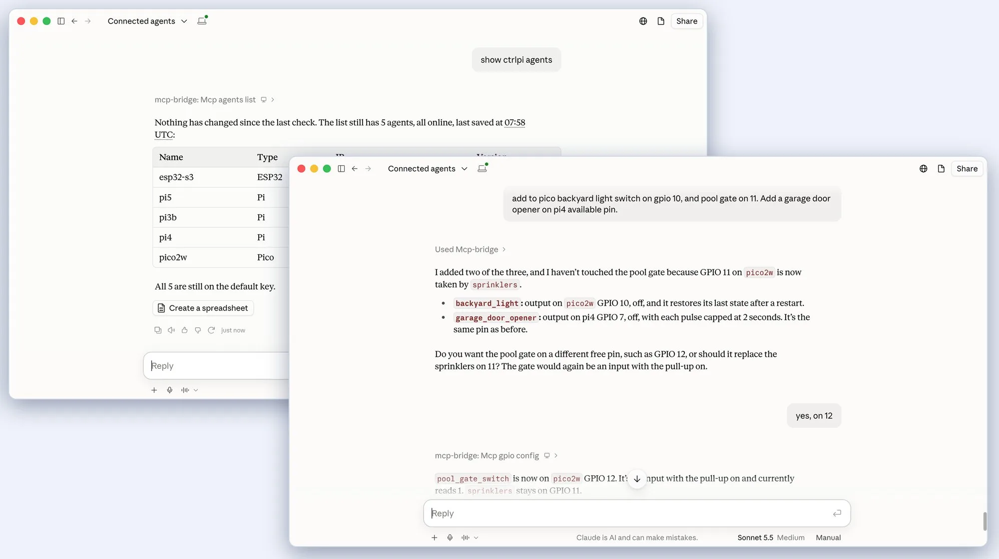 Claude Desktop with the ctrlPi MCP bridge: listing five connected agents with their IPs and versions, then adding a backyard light, a pool gate switch and a garage door opener on the Pico and the Pi 4