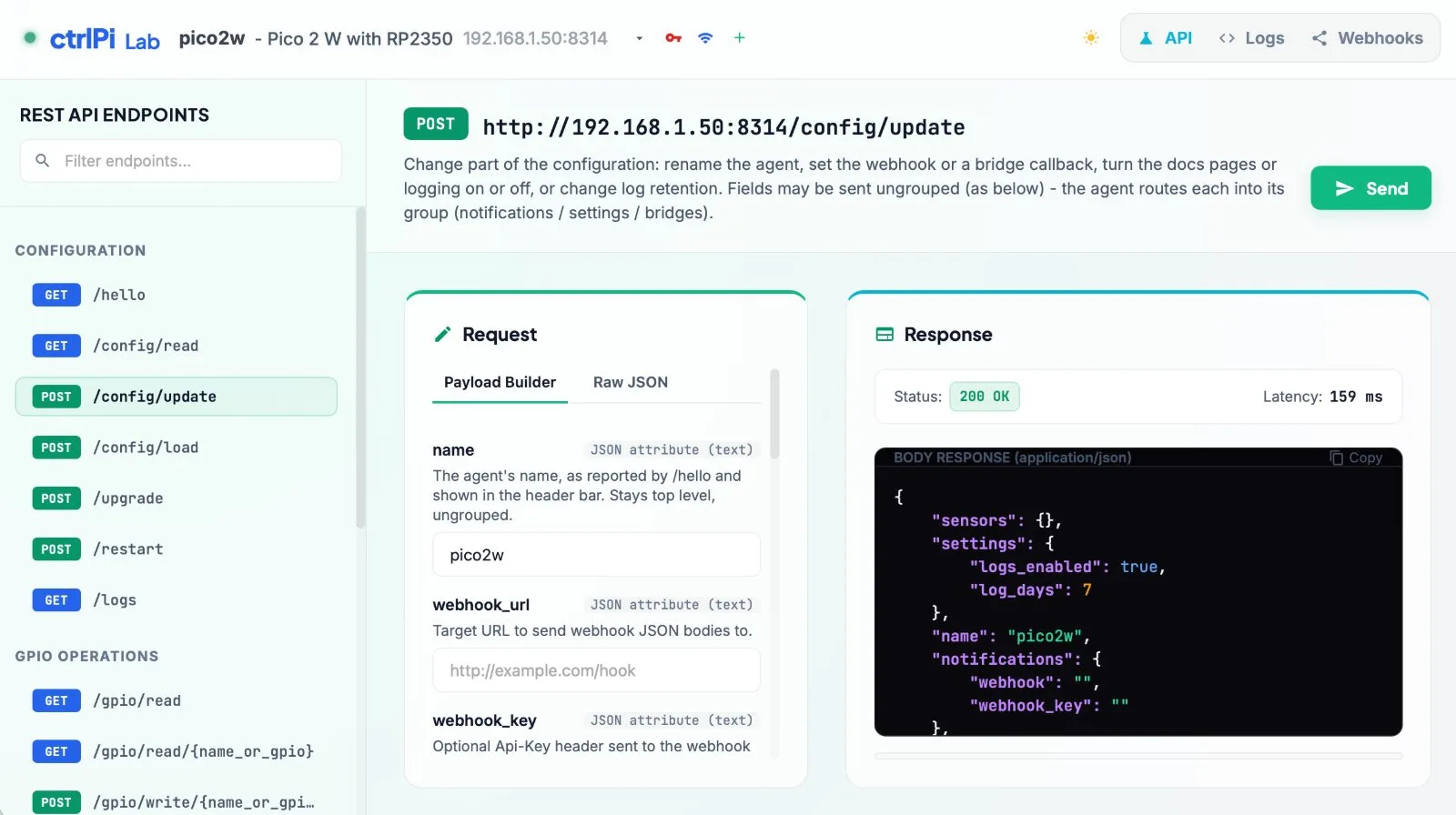 ctrlPi Lab updating an agent's configuration with a payload builder and the response beside it
