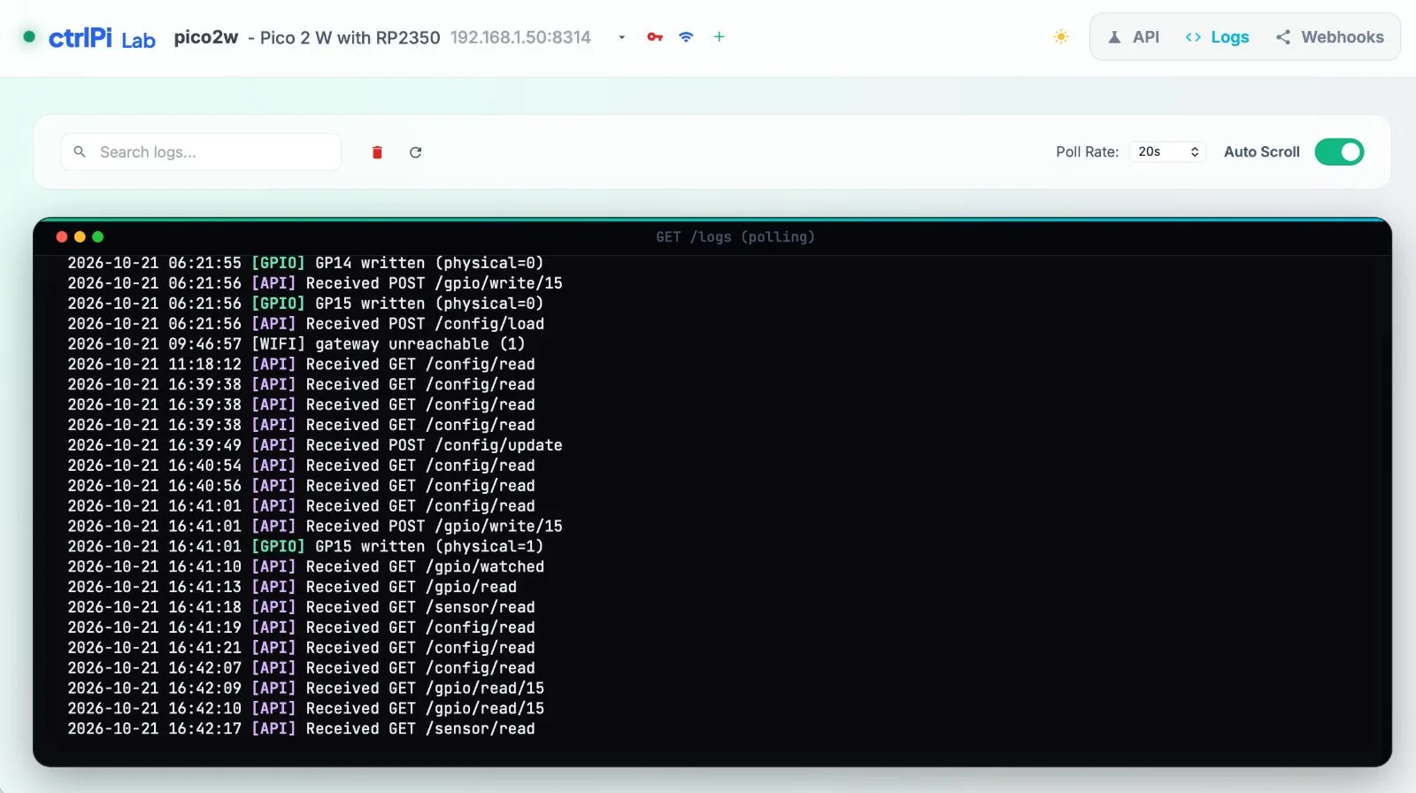 ctrlPi Lab Logs tab showing the agent's live GPIO and API log