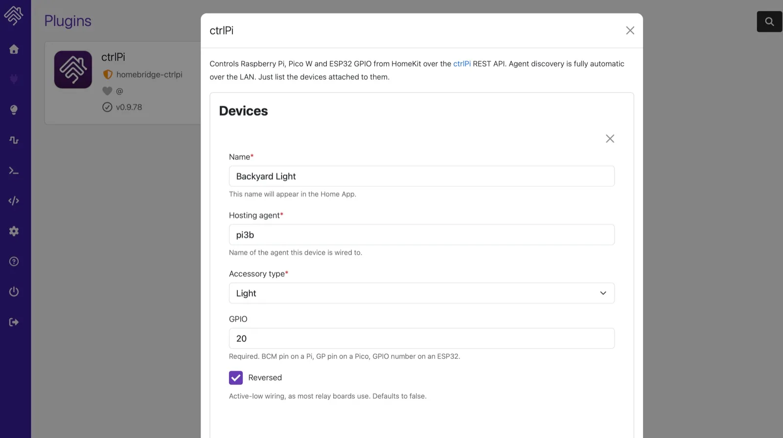 The ctrlPi plugin settings in the Homebridge UI: a device named Backyard Light on the pi3b agent, accessory type Light, GPIO 20, reversed
