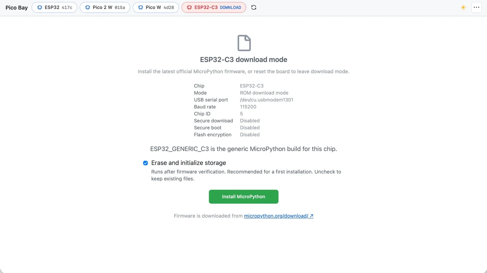 Pico Bay detecting an ESP32-C3 in download mode and offering to install the latest official MicroPython firmware